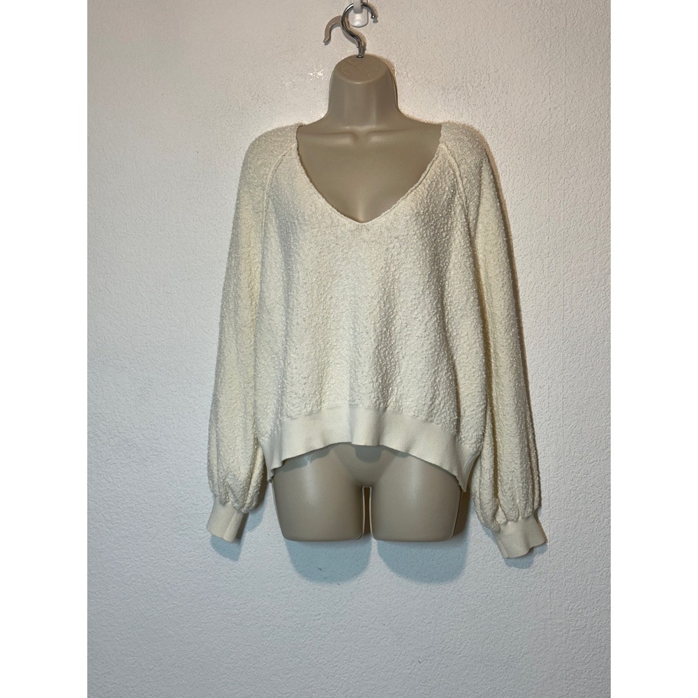 Free People Found My Friend V-Neck Boucle Sweater Ivory White Oversized Large